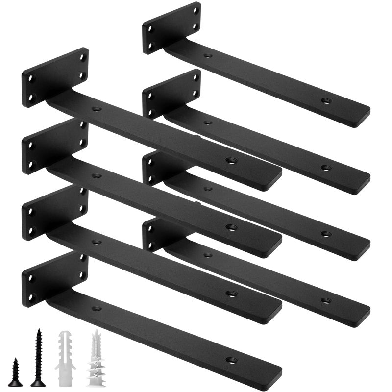 Hitomen Heavy Duty Floating Shelf Brackets  10-Inch (1/5'' Thick) Hidden Shelves Hardware  Cast Iron L Brackets  Rustic Industrial Black Metal Wall Shelving Supports  8 Pack - Image 1