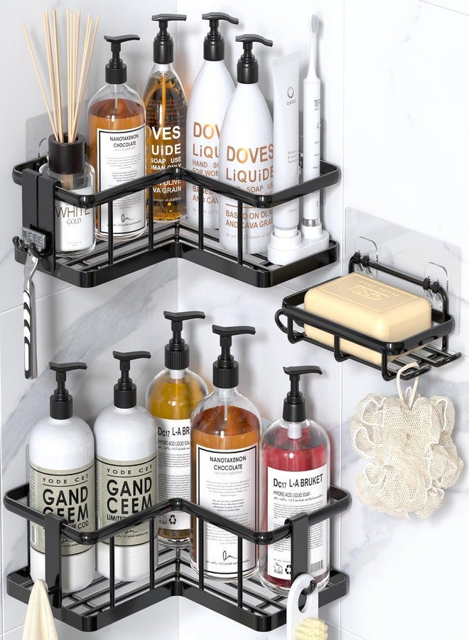 YASONIC Corner Shower Caddy Organizer, 3-Pack Adhesive Rustproof Stainless Steel Shower Shelves with Soap Holder, No Drilling Shower Storage Rack for Family Renters Bathroom, Black - Image 1