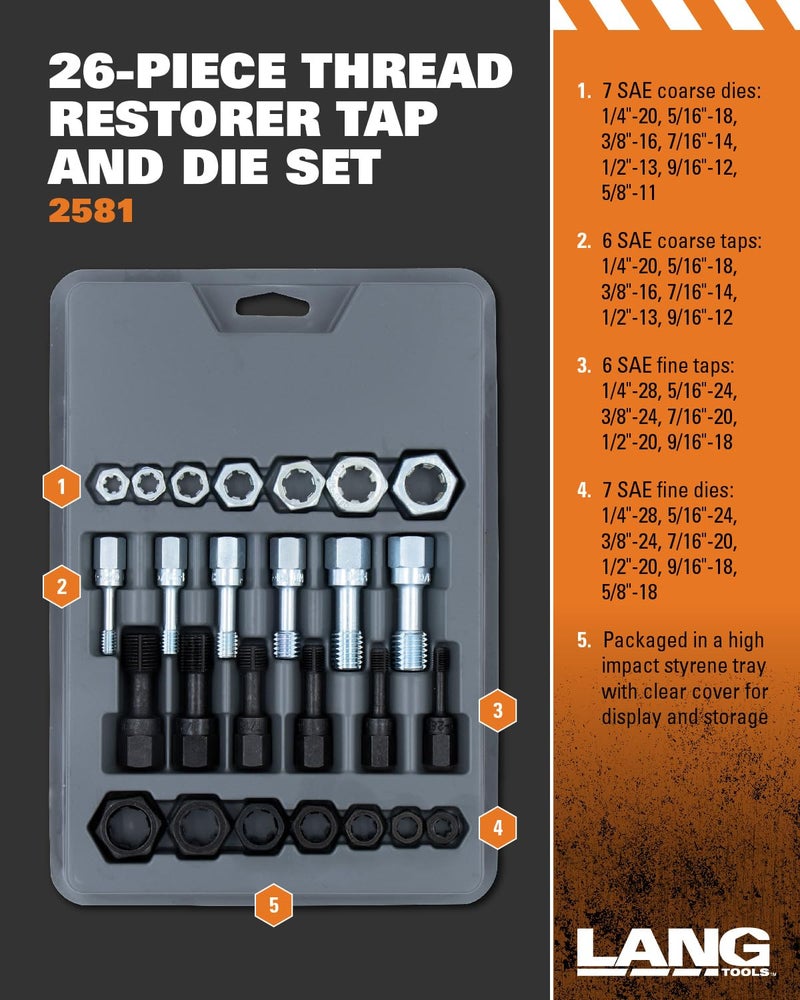 Lang Tools 2581 26-Piece Thread Restorer Tap and Die Set, black - Image 2