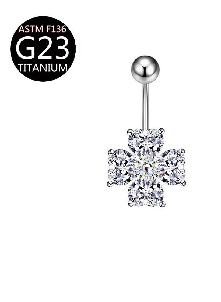 زر بطن من التيتانيوم الطبي على شكل نبات النفل - مرصع بـ zirconia البراق ومضاد للحساسية. جلب للحظ والأناقة مع راحة تامة للبشرة الحساسة