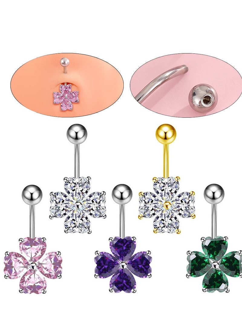 زر بطن من التيتانيوم الطبي على شكل نبات النفل - مرصع بـ zirconia البراق ومضاد للحساسية. جلب للحظ والأناقة مع راحة تامة للبشرة الحساسة