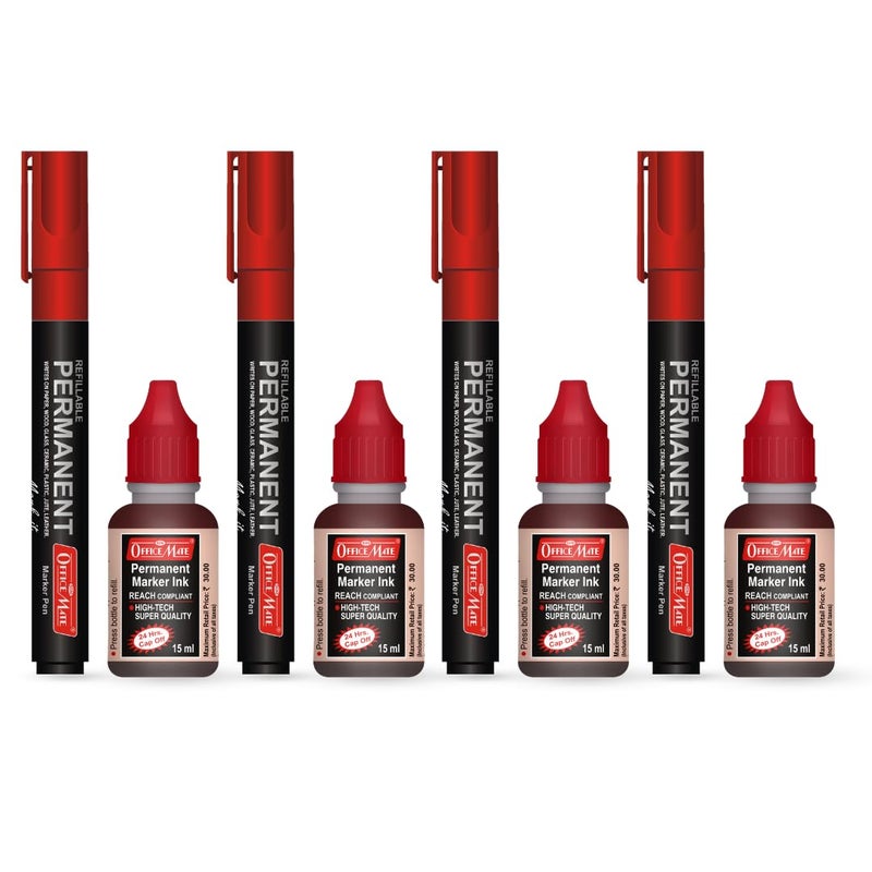 Office Mate Soni Officemate Permanent Combo (4 Permanent Markers + 4 Permanent Markers Ink) (Red) - Image 1