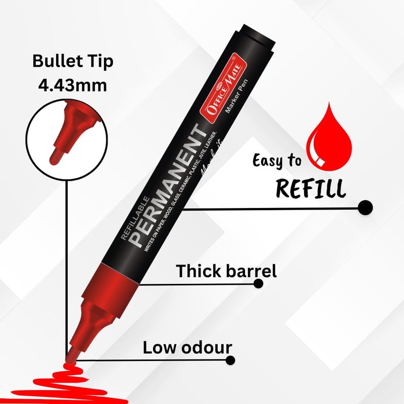 Office Mate Soni Officemate Permanent Combo (4 Permanent Markers + 4 Permanent Markers Ink) (Red) - Image 5