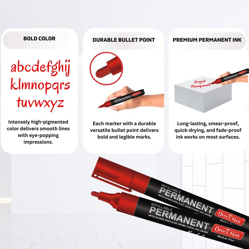 Office Mate Soni Officemate Permanent Combo (4 Permanent Markers + 4 Permanent Markers Ink) (Red) - Image 3