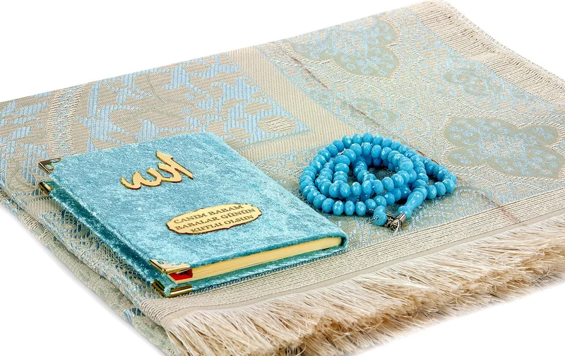 İhvan Ihvan Father's Day Special Name Printed Velvet Covered Yasin Book Set with Prayer Mat and Prayer Beads - Blue Color