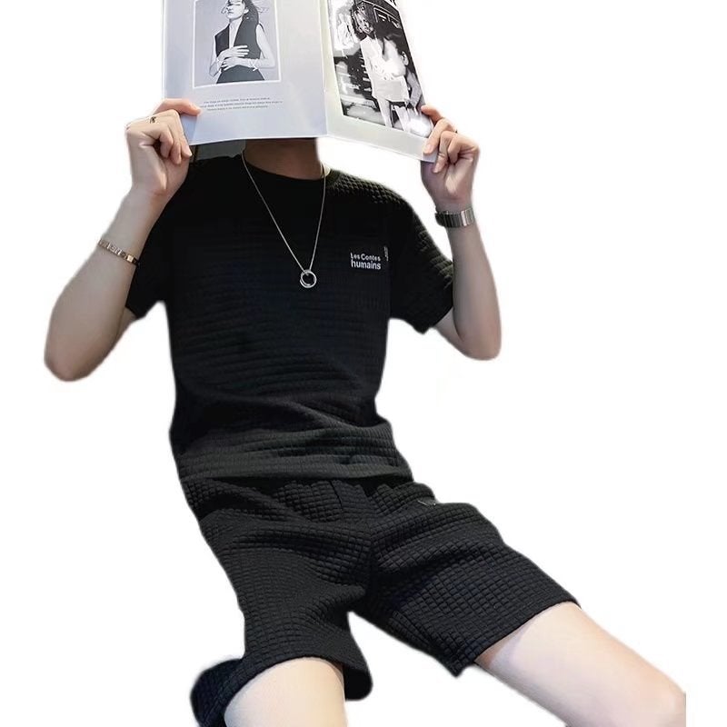 Short-sleeved T-shirt mens new shorts fashion brand waffle half-sleeve upper clothes summer mens waffle suit White - Image 5