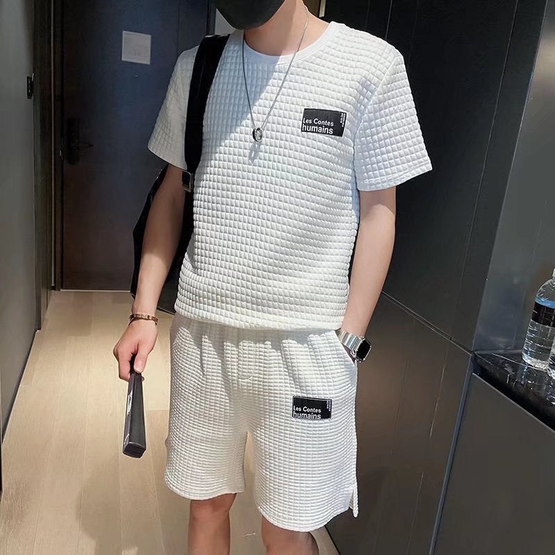 Short-sleeved T-shirt mens new shorts fashion brand waffle half-sleeve upper clothes summer mens waffle suit White - Image 1