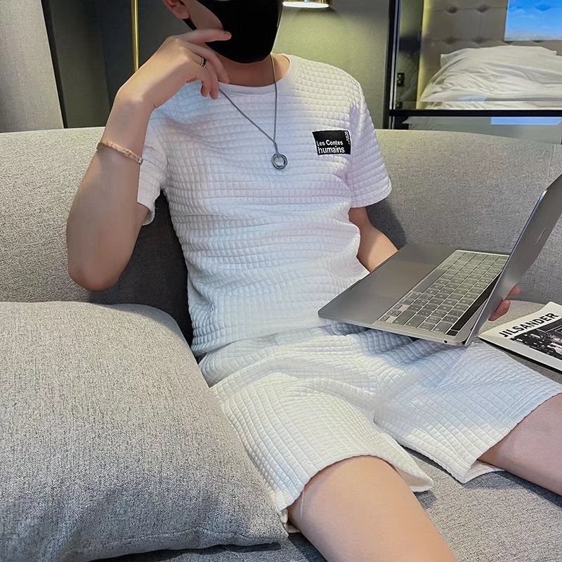 Short-sleeved T-shirt mens new shorts fashion brand waffle half-sleeve upper clothes summer mens waffle suit White - Image 4