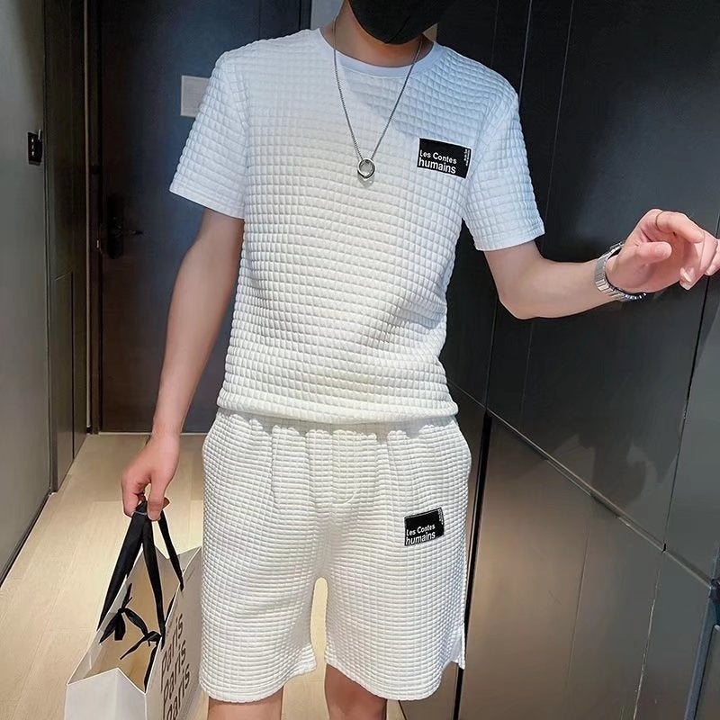 Short-sleeved T-shirt mens new shorts fashion brand waffle half-sleeve upper clothes summer mens waffle suit White - Image 2