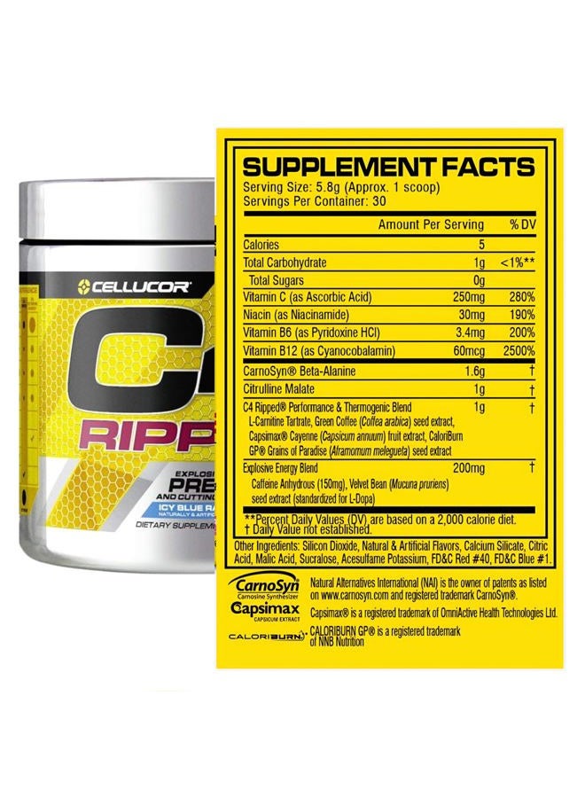 C4 Cellucor C4 Ripped Pre Workout Powder Icy Blue Razz | Creatine Free + Sugar Free Preworkout Energy Supplement for Men & Women | 150mg Caffeine + Beta Alanine| 30 Servings (Packaging May Vary) - Image 2