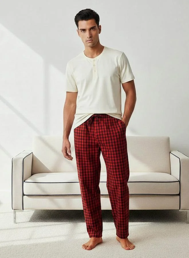 Men Cotton Checked Henley Neck Nightwear Set