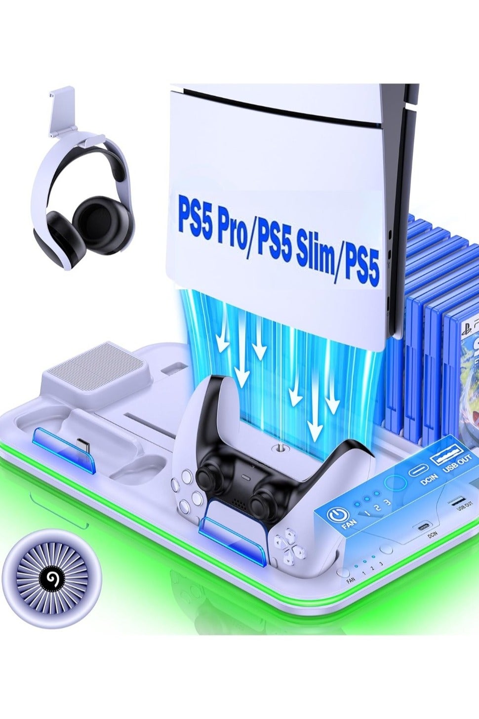 PS5 Pro/Slim/Ps5 Stand and Cooling Station with Controller Charging Station for Playsation 5 Disc Digital Consoles. LED Dock Cooler for Sony Playstation 5, Console Support Base, 3 Levels Cooling Fan,USB Hub, Headset Holder, Media Slot,Game Stand,PS5 Gaming Accessories Kit(White)