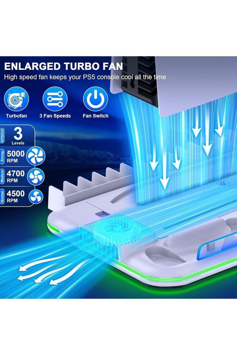 BEILINGDUN PS5 Pro/Slim/Ps5 Stand and Cooling Station with Controller Charging Station for Playsation 5 Disc Digital Consoles. LED Dock Cooler for Sony Playstation 5, Console Support Base, 3 Levels Cooling Fan,USB Hub, Headset Holder, Media Slot,Game Stand,PS5 Gaming Accessories Kit(White) - Image 2