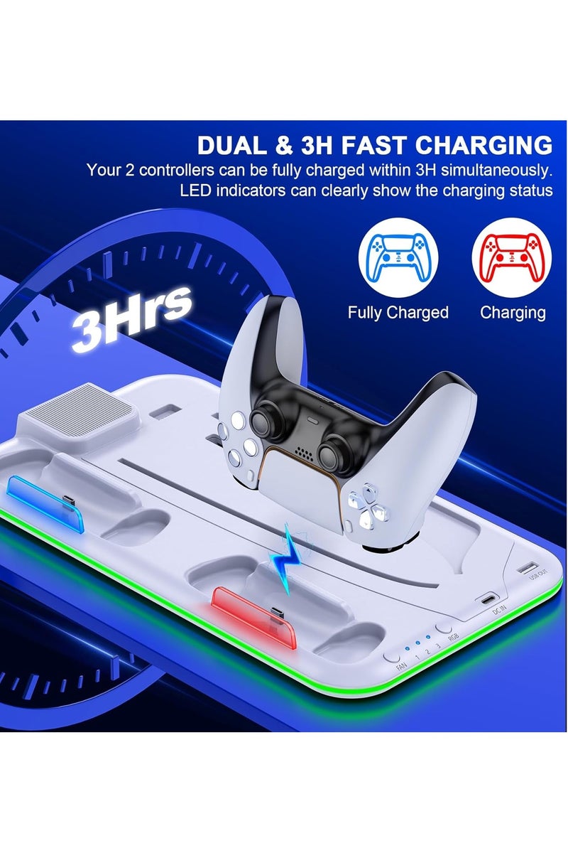 BEILINGDUN PS5 Pro/Slim/Ps5 Stand and Cooling Station with Controller Charging Station for Playsation 5 Disc Digital Consoles. LED Dock Cooler for Sony Playstation 5, Console Support Base, 3 Levels Cooling Fan,USB Hub, Headset Holder, Media Slot,Game Stand,PS5 Gaming Accessories Kit(White) - Image 3
