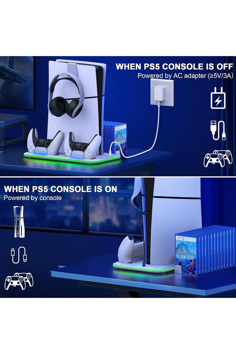 BEILINGDUN PS5 Pro/Slim/Ps5 Stand and Cooling Station with Controller Charging Station for Playsation 5 Disc Digital Consoles. LED Dock Cooler for Sony Playstation 5, Console Support Base, 3 Levels Cooling Fan,USB Hub, Headset Holder, Media Slot,Game Stand,PS5 Gaming Accessories Kit(White) - Image 5