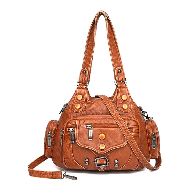 Fashionable retro large capacity pu washed leather handbag fashionable all-match lightweight shoulder bag womens casual messenger bag Brown - Image 1