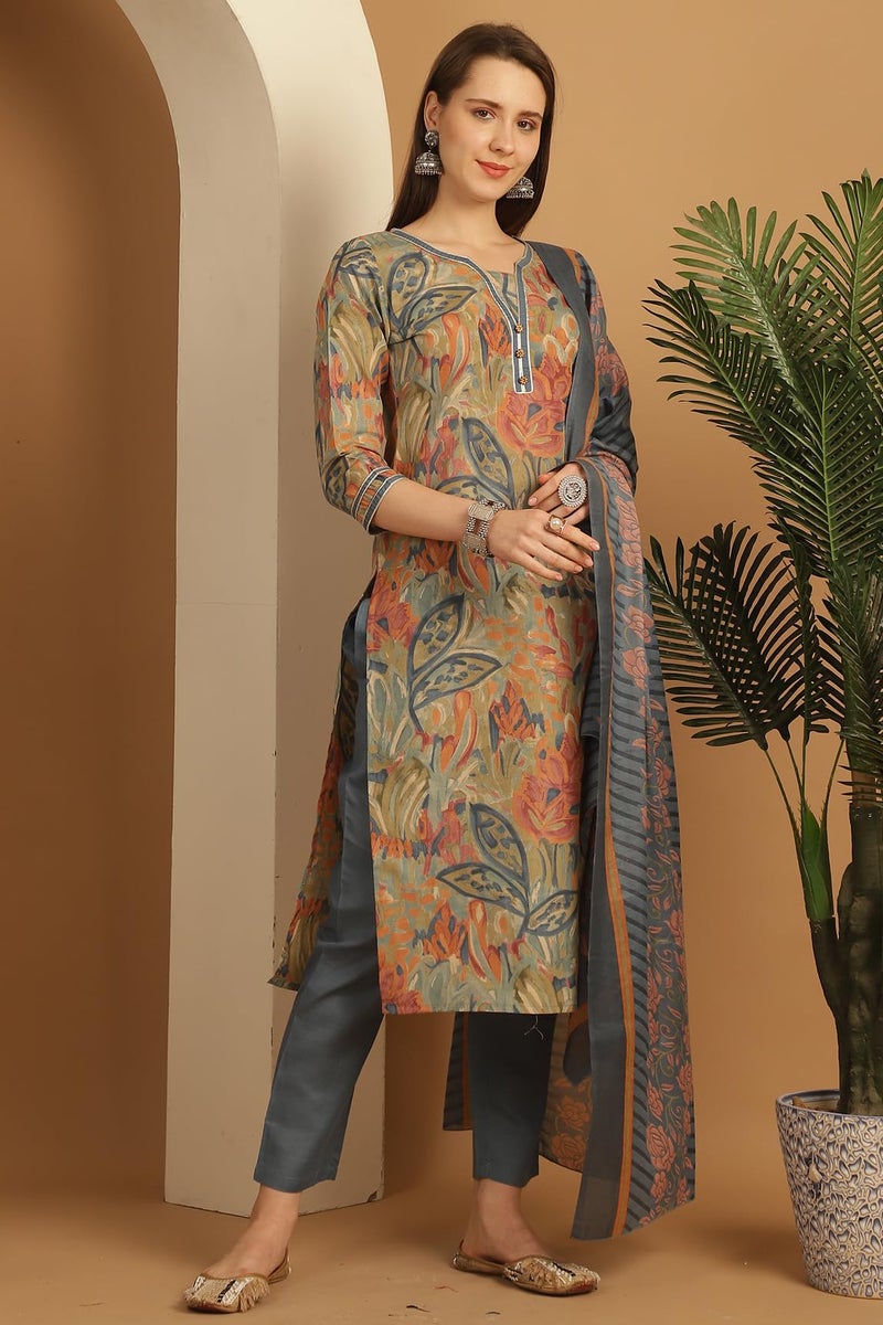 Rajnandini Women's Cotton Blend Floral Printed Kurta Set with Dupatta (JOPLST242-L_Multicolor) - Image 4