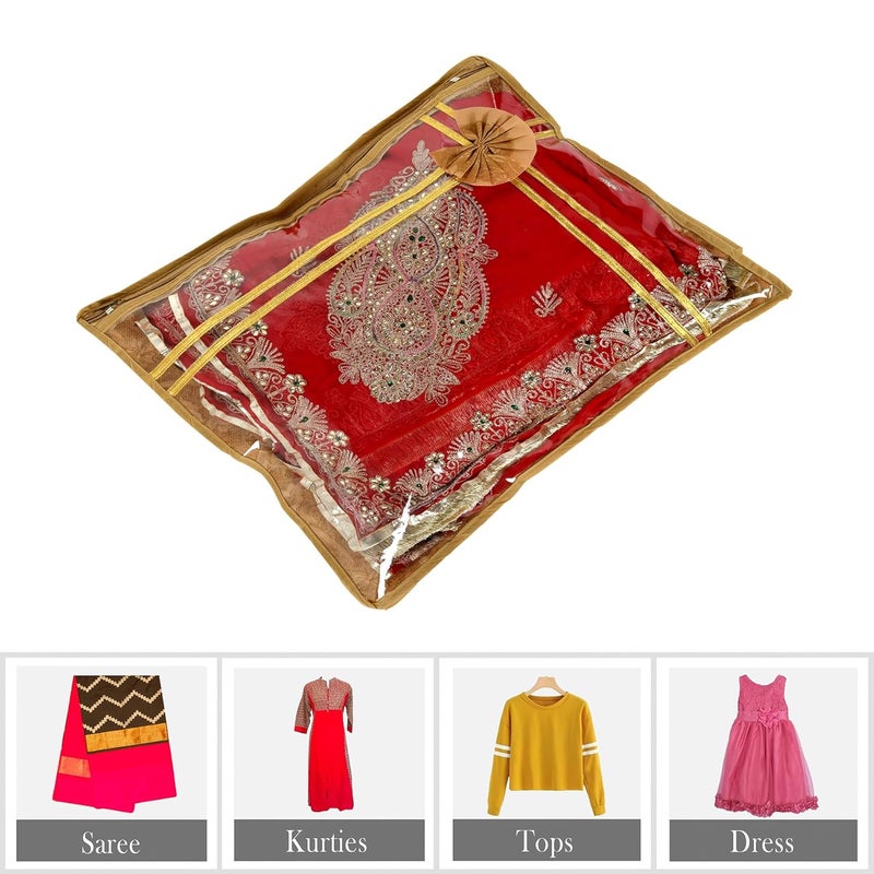 Kuber Industries Kuber Industries Saree Cover Clothes Storage Bag Single Packing Saree with Zip Closure Wardrobe Organizer Cloth Stoarge Organizer Bow New FlowerDesign Pack of 12 Brown  - Image 4