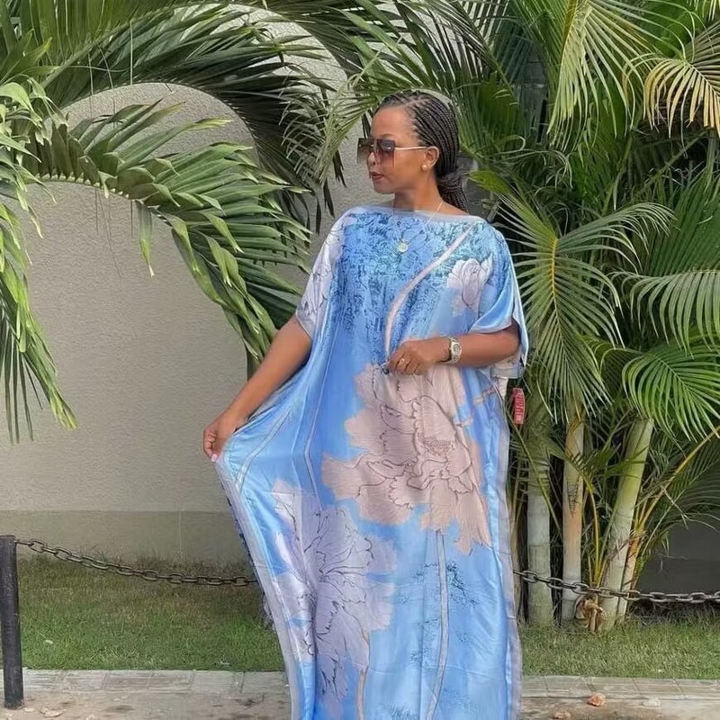 Abaya Muslim Summer Long Dress African Muslim 2024 Spring Summer Sun Protection Shawl plus size Two-piece Set Light blue lotus