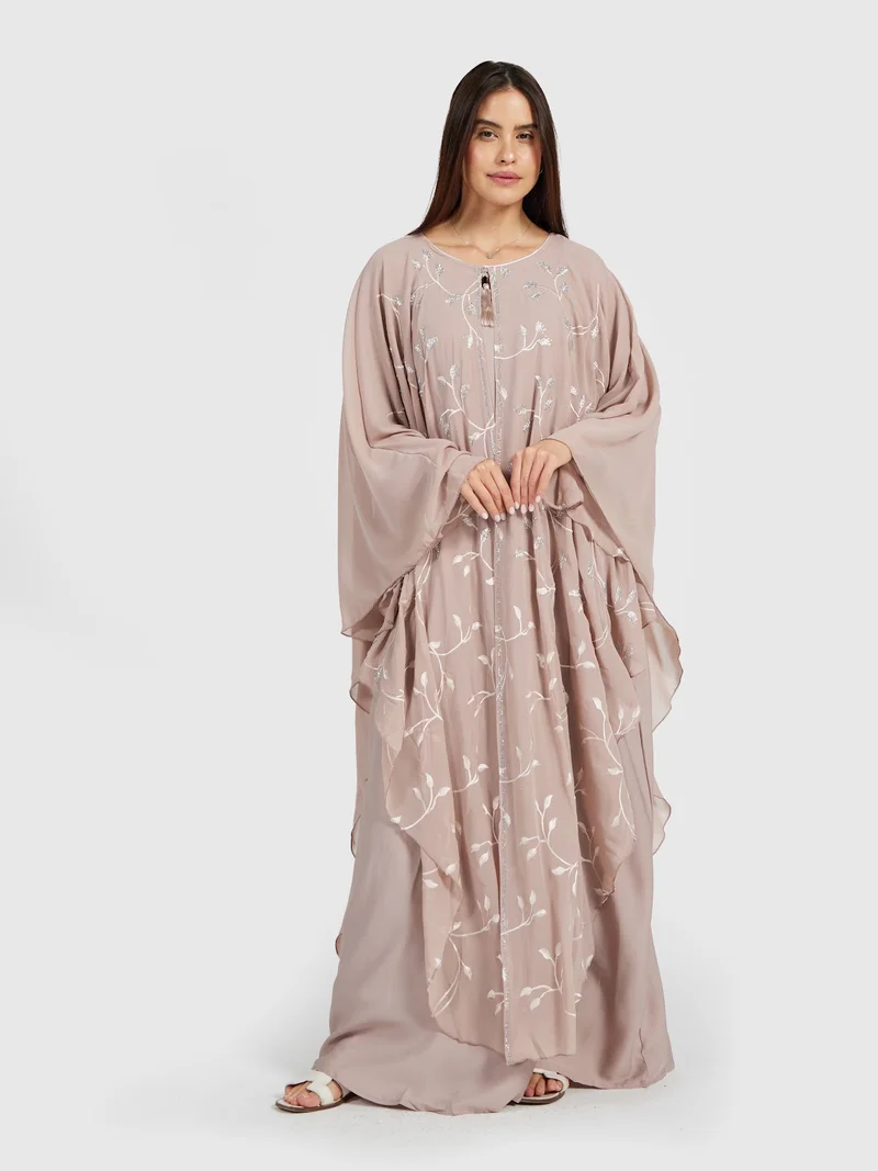 Reem Abayas Floral Embroidered Chiffon Kaftan Abaya