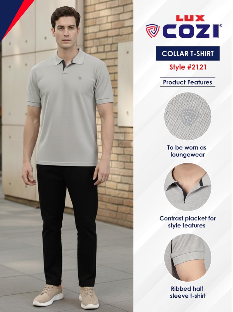 Lux Cozi Men's Pack of 1 Grey Melange Regular Fit Polo Neck Half Sleeve Solid Casual T-Shirt (Size : Large)_COZI_2121_GM_L_1PC - Image 2
