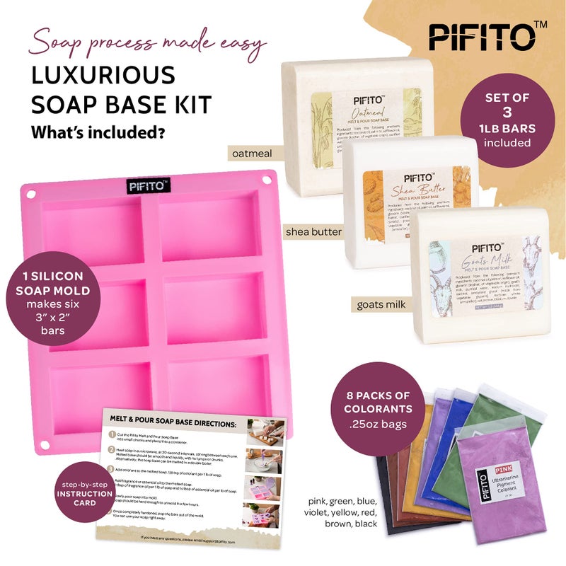 Pifito Soap Making Kit â”‚ DIY Soap Making Supplies - 3 lbs Melt and Pour Soap Base (Shea Butter, Goats Milk, Oatmeal), 8-Pack Oxide Pigment Colorants Sampler, Mold and Instructions - Image 2