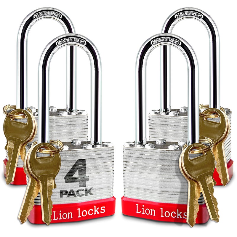 Lion Locks 4 KeyedAlike Padlocks w 2 Long Shackle 8 Keys Hardened Steel Pad Lock Pick Resistant Brass Pin Cylinder Pack of 4