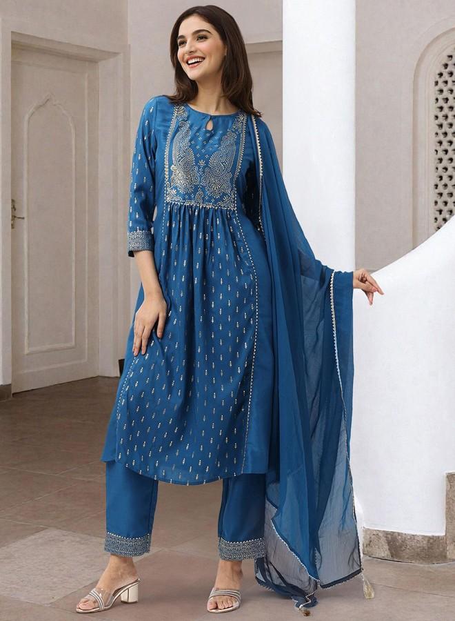 ISHIN Women'S Teal 100% Polyester Embroidered Tunic Full Length Palazzo Straight Fit Kurta Set - Image 5