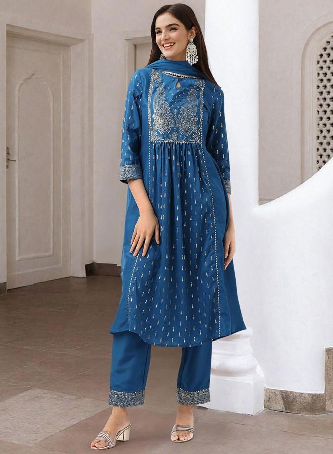 ISHIN Women'S Teal 100% Polyester Embroidered Tunic Full Length Palazzo Straight Fit Kurta Set - Image 2