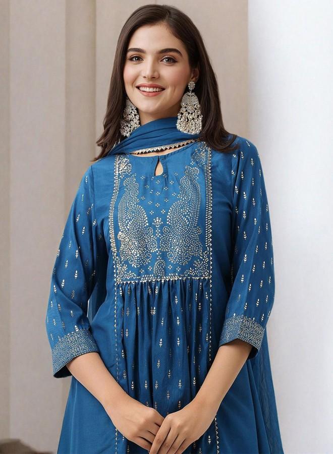 ISHIN Women'S Teal 100% Polyester Embroidered Tunic Full Length Palazzo Straight Fit Kurta Set - Image 1