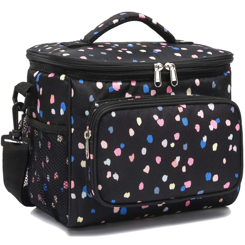 FlowFly Insulated Reusable Lunch Bag Adult Large Lunch Box for Women and Men with Adjustable Shoulder Strap,Front Zipper Pocket and Dual Large Mesh Side Pockets,BlackFlower - Image 1