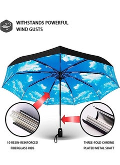 عربست ميني windproof السفر مظلة ، مظلة 10-ribbed windproof المدمجة ، خفيفة الوزن ، التلقائي فتح وإغلاق ، قوي المحمولة - windproof ، صغيرة قابلة للطي حقيبة مظلة ( السماء الزرقاء )  - Image 3