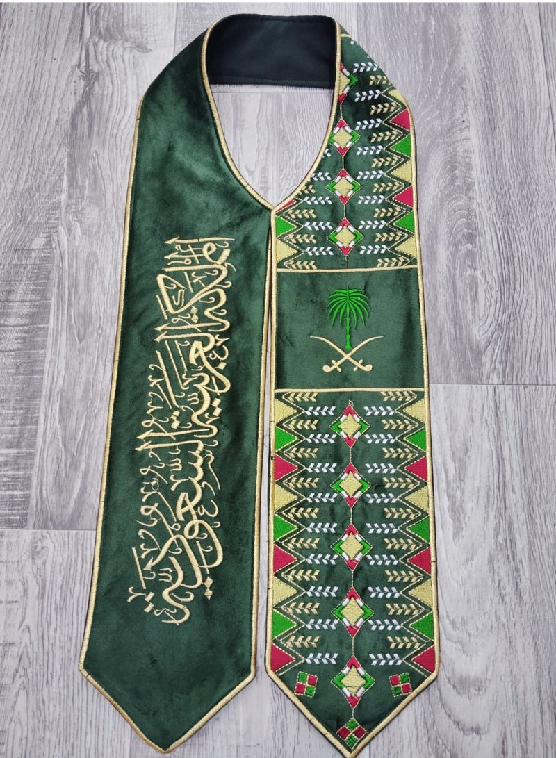 Saudi National Day scarf, luxurious embroidered green – National Day 96 shawl – High-quality gold embroidery – National Day celebration accessory – Suitable for adults and youth - Image 2