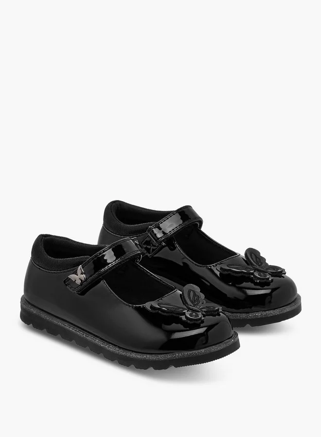 JUNIORS Girls Butterfly Applique Mary Jane School Shoes with Hook and Loop Closure