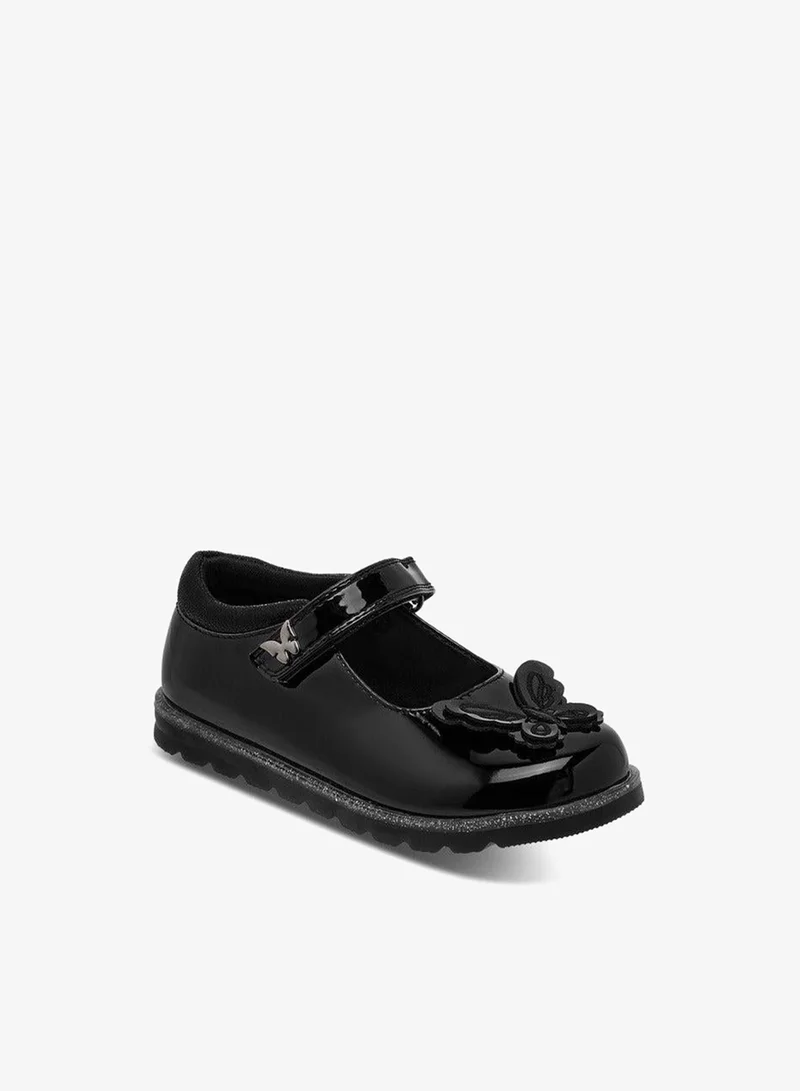جونيورز حذاء ماري جين بناتي بتطريز فراشة وإغلاق بشريط لاصق