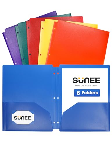 SUNEE 3 Hole Folders with Pockets (6 Pack, Assorted Color) Plastic Folders for 3 Ring Binder, Heavy Duty Binder Folder for Document for School, Students, Teachers, Office Staf - Image 1
