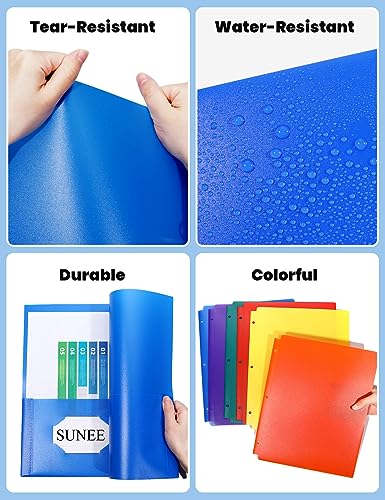 SUNEE 3 Hole Folders with Pockets (6 Pack, Assorted Color) Plastic Folders for 3 Ring Binder, Heavy Duty Binder Folder for Document for School, Students, Teachers, Office Staf - Image 3