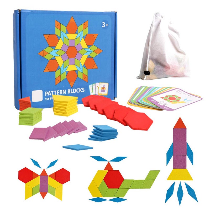 kizh Wooden Pattern Blocks Set 155 Pcs Geometric Shape Puzzle Kindergarten Tangram Brain Teasers Early Educational Montessori for Kids Ages 38 with 24 Pcs Design Cards - Image 4