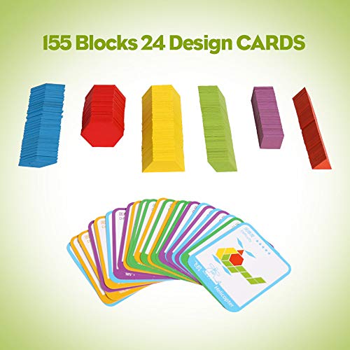 kizh Wooden Pattern Blocks Set 155 Pcs Geometric Shape Puzzle Kindergarten Tangram Brain Teasers Early Educational Montessori for Kids Ages 38 with 24 Pcs Design Cards - Image 5