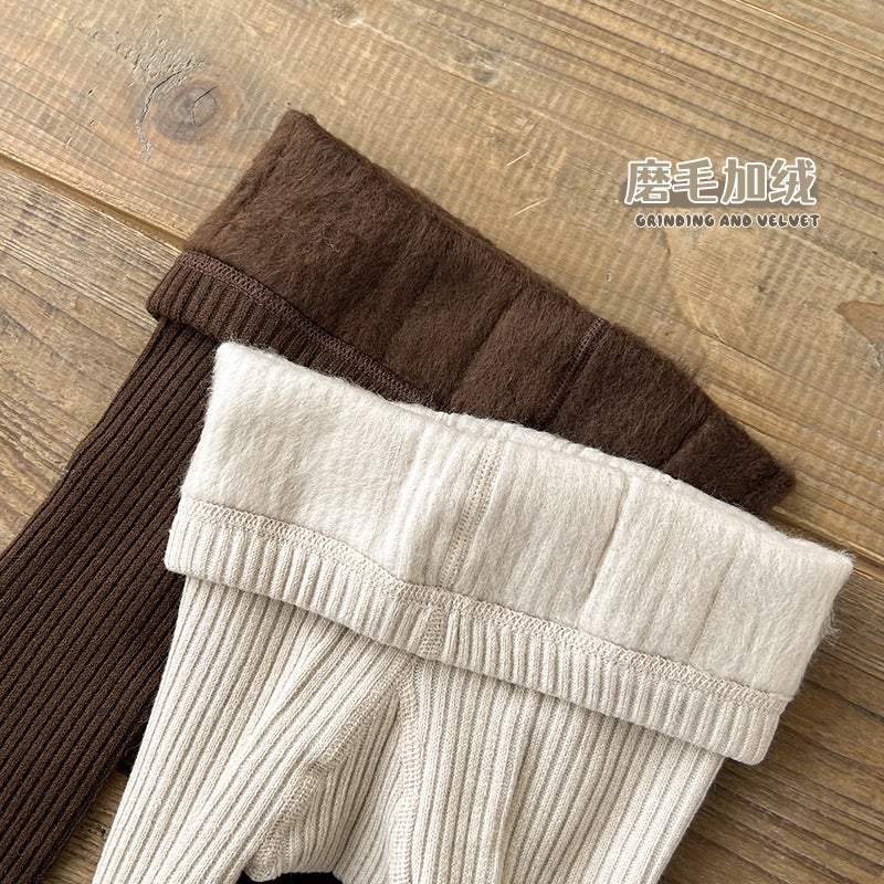 Girls' Thin Velvet Scrub Pantyhose Korean-Style All-Match Vertical Stripe Large Elastic Warm Leggings Grey Base - Image 3