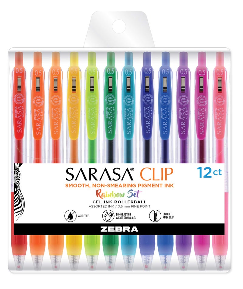 Zebra Pen Sarasa Clip Retractable Gel Pen, 0.5mm Fine Point, Rainbow Assorted Colors, Ideal for Teacher Gifts, School Supplies and Office Supplies, 12-Pack (44100) - Image 1
