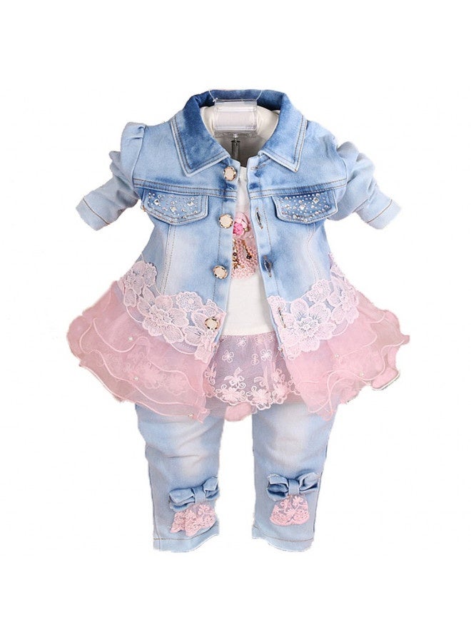 Yao Baby Girls Denim Clothing Sets 3 Pieces Sets T Shirt Denim Jacket And Jeans - Image 2