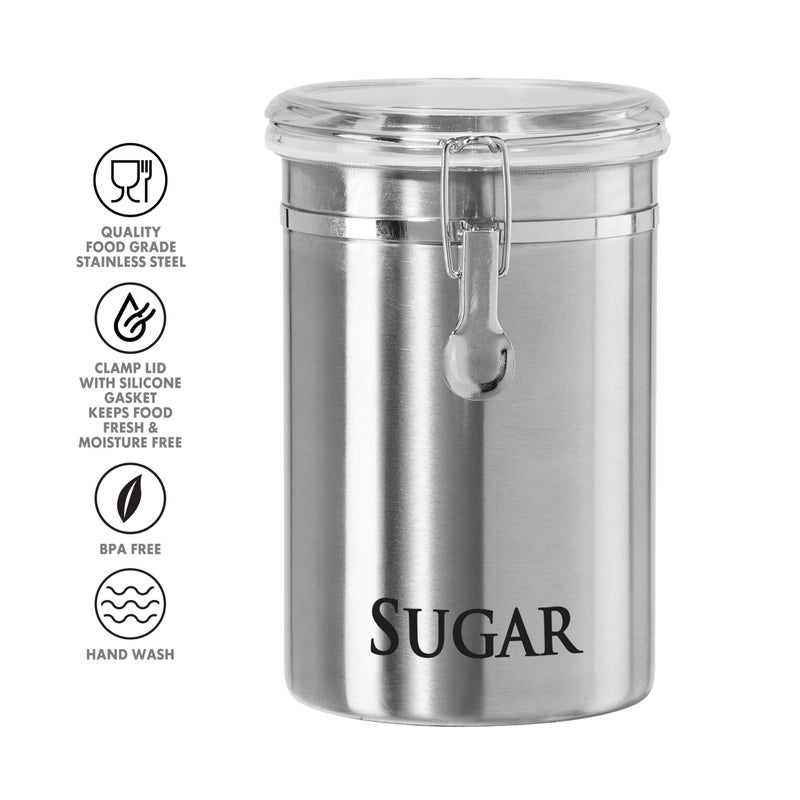 Oggi Stainless Steel Sugar Canister 62 fl oz - Airtight Clamp Lid  Clear See-Thru Top - Ideal Sugar Container for Countertop  Sugar Jar  Bulk Sugar Storage. Large Size 5"" x 7.5"". - Image 3