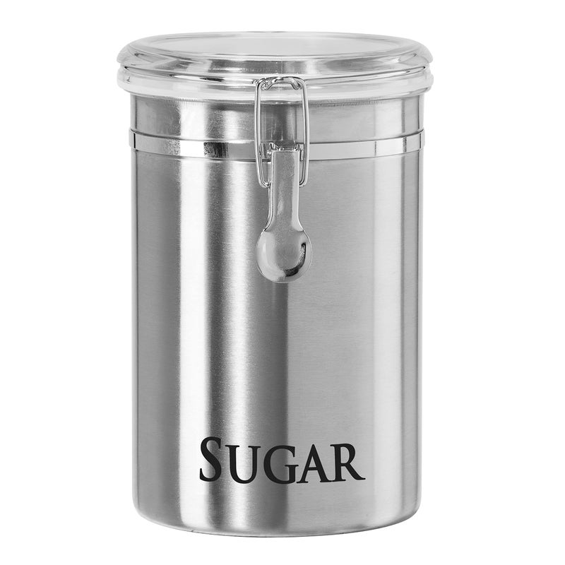 Oggi Stainless Steel Sugar Canister 62 fl oz - Airtight Clamp Lid  Clear See-Thru Top - Ideal Sugar Container for Countertop  Sugar Jar  Bulk Sugar Storage. Large Size 5"" x 7.5"". - Image 1