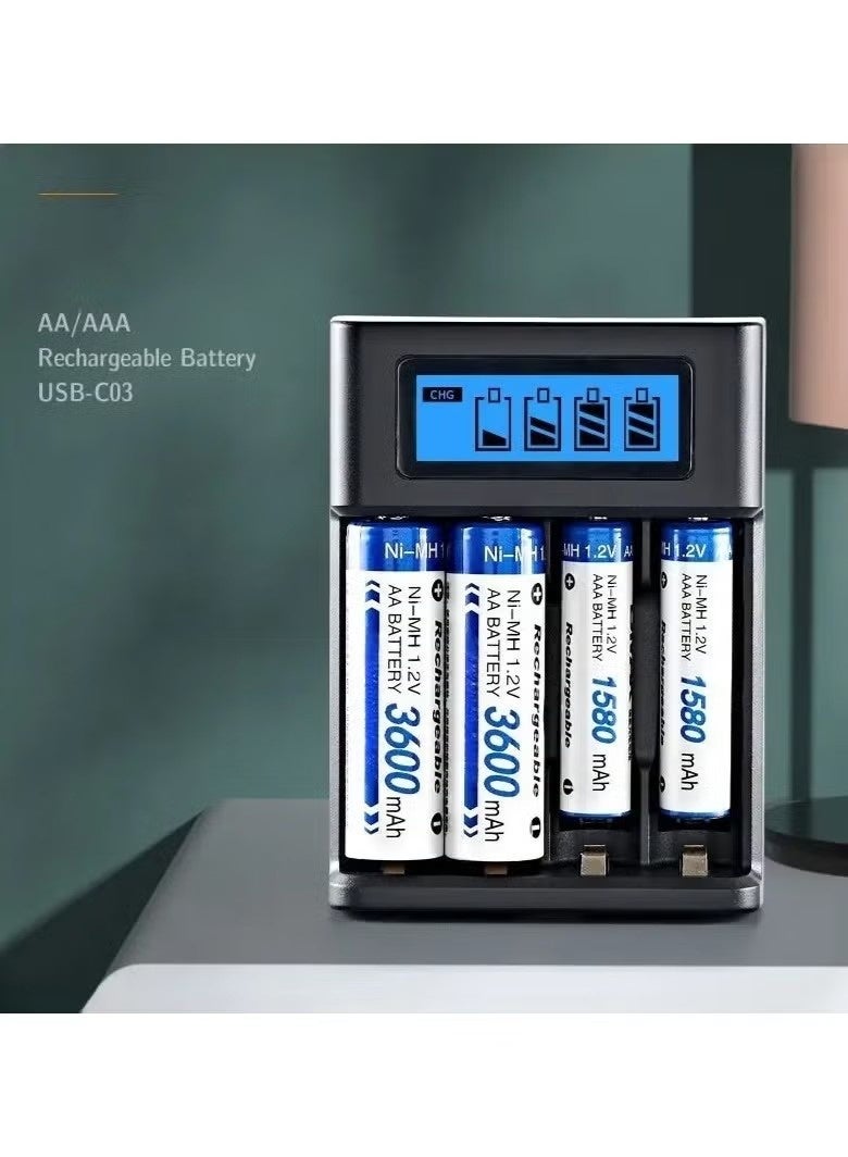 جمورو شاحن بطارية AA AAA صغير بمنفذ USB، 4 فتحات، شحن عالي السرعة، فتحات مستقلة، شاشة LCD، لبطاريات Ni-MH وNi-CD القابلة لإعادة الشحن - Image 2
