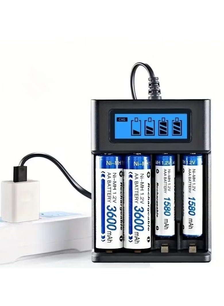 جمورو شاحن بطارية AA AAA صغير بمنفذ USB، 4 فتحات، شحن عالي السرعة، فتحات مستقلة، شاشة LCD، لبطاريات Ni-MH وNi-CD القابلة لإعادة الشحن - Image 1