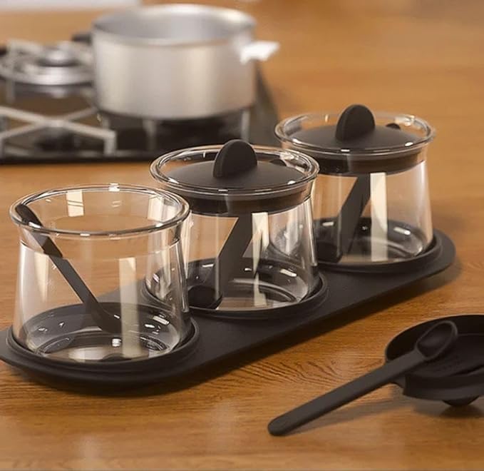 Mivana Glass Storage Airtight Tea Coffee Sugar containers for Kitchen Storage Container with Black Lid With Spoon & Black Tray for Tea Coffee & Sugar, Dry Fruit Jars, Storage Box, Set of 3 (3, mt-10) - Image 5