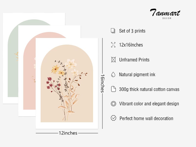 Tanmart Watercolor Flower Wall Art Set of 3 Wildflower Floral Wall Decor Pictures Botanical Canvas Wall Art Vintage Prints Boho Flower Painting Minimalist Floral Poster for Room Bedroom 12x16 Inch Unframed - Image 2