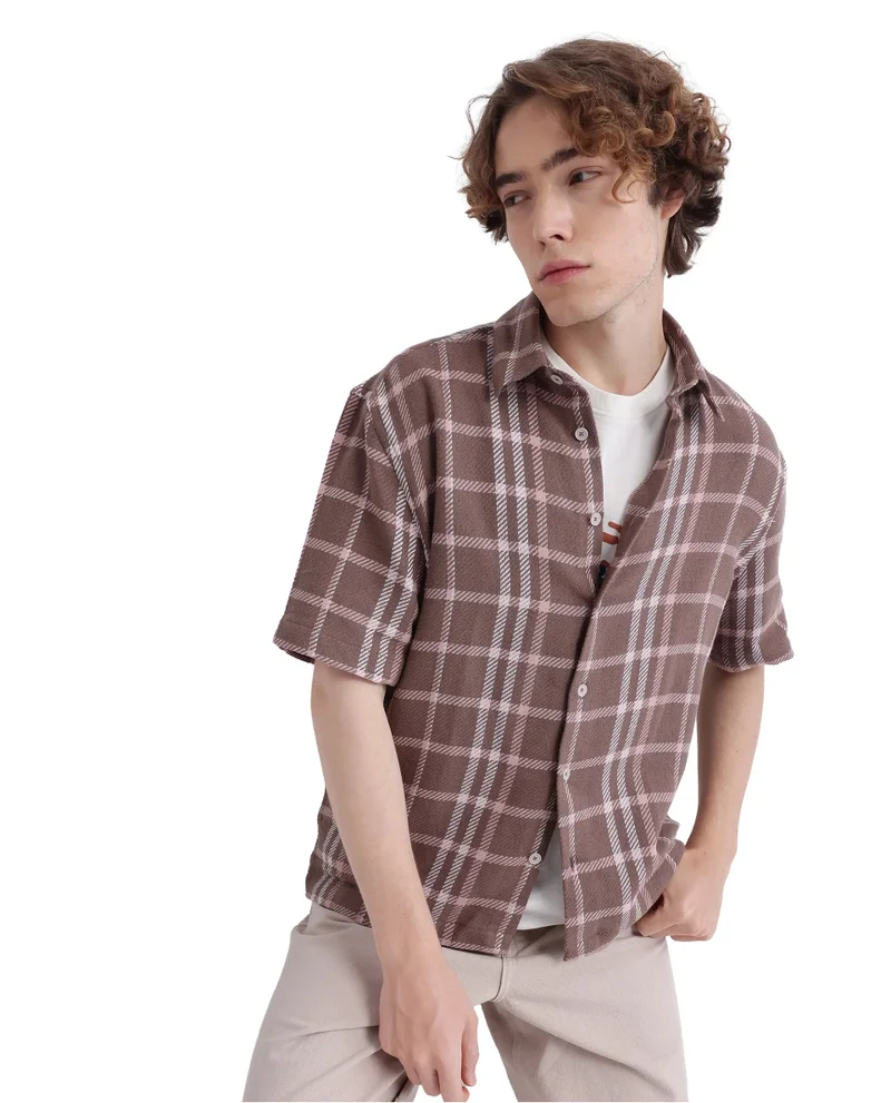 Rare Rabbit Rare Rabbit Men's Vexlum Light Brown Cotton Fabric Short Sleeve Collared Neck Button Closure Printed Shirt