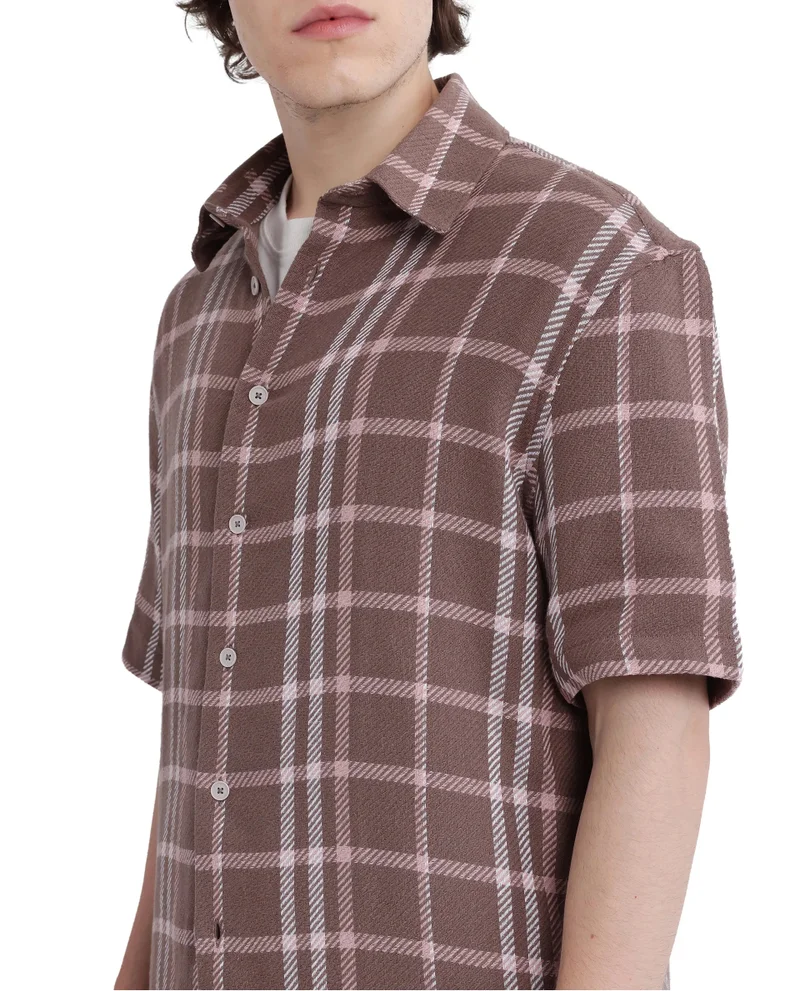Rare Rabbit Rare Rabbit Men's Vexlum Light Brown Cotton Fabric Short Sleeve Collared Neck Button Closure Printed Shirt